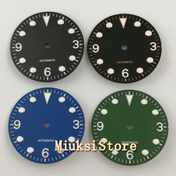 29 мм стерильный синий черный зеленый циферблат часов со светящимся маркером подходит для NH35 NH36 Miyato8205 8215 821A Механизм с автоподзаводом