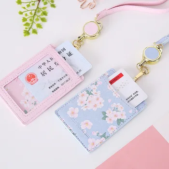 Держатель для карт Kawaii Sakura, ремешок для фотокарточек, удостоверение личности, визитница, портативный футляр для карточек, Корейские канцелярские принадлежности 0