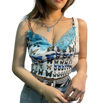 Женская летняя короткая майка без рукавов с V-образным вырезом и принтом бабочки, кружевная строчка, жилет-слинг, топы Y2K, винтажный эстетичный сказочный Гранж