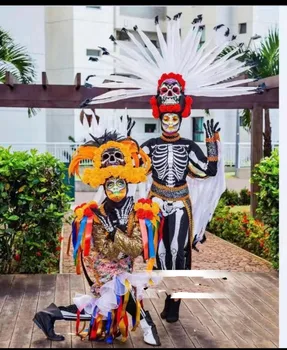 Костюм черепа на Хэллоуин, мексиканский костюм для парада черепов с принтом 0