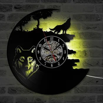 Лесной Волк Виниловая Пластинка Настенные Часы Человек Пещера Аксессуары Воющий Волк Дикая Природа Искусство Бесшумные Не Тикающие Часы Часы Для Спальни