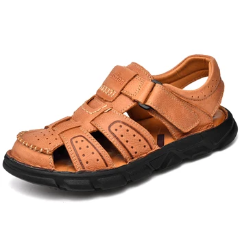 Мужские сандалии из натуральной кожи, летняя мужская обувь, тапочки с открытым носком, мягкие сандалии, мужская римская удобная уличная пляжная обувь для прогулок