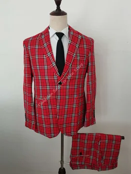 Мужской костюм, красно-белый коричневый блейзер, брюки, клетчатый костюм в клетку, Роскошная высококачественная мужская свадебная одежда, 2 предмета, куртка, брюки, наряд 0