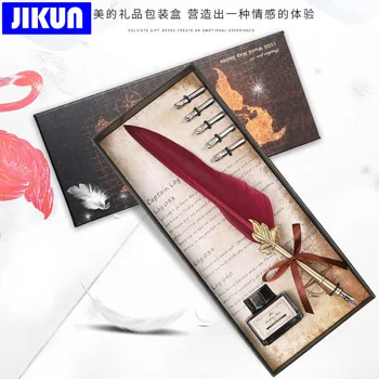 Набор чернил для каллиграфии JIKUN Retro Feather Dip Pen, креативные канцелярские принадлежности, винтажные Перьевые ручки, 5 наконечников 0