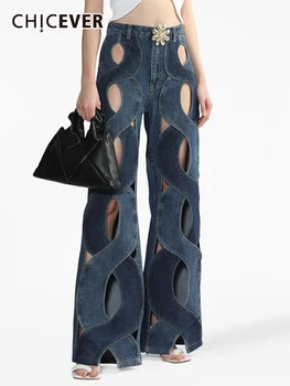 Шикарные джинсы с вырезами для женщин, высокая талия, лоскутная молния, Свободные складки, Однотонные Модные Джинсовые брюки с широкими штанинами, женское лето 2023 г.