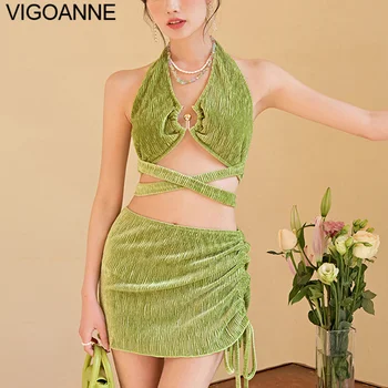 VigoAnne Green Комплект бикини с юбкой на бретелях из 3 предметов с высокой талией, женский 2023 Сексуальный купальник с перекрестной полой завязкой, купальник с эффектом пуш-АП и открытой спиной 2