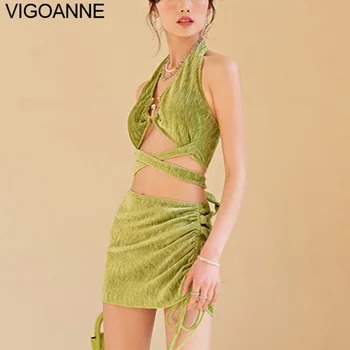 VigoAnne Green Комплект бикини с юбкой на бретелях из 3 предметов с высокой талией, женский 2023 Сексуальный купальник с перекрестной полой завязкой, купальник с эффектом пуш-АП и открытой спиной 3